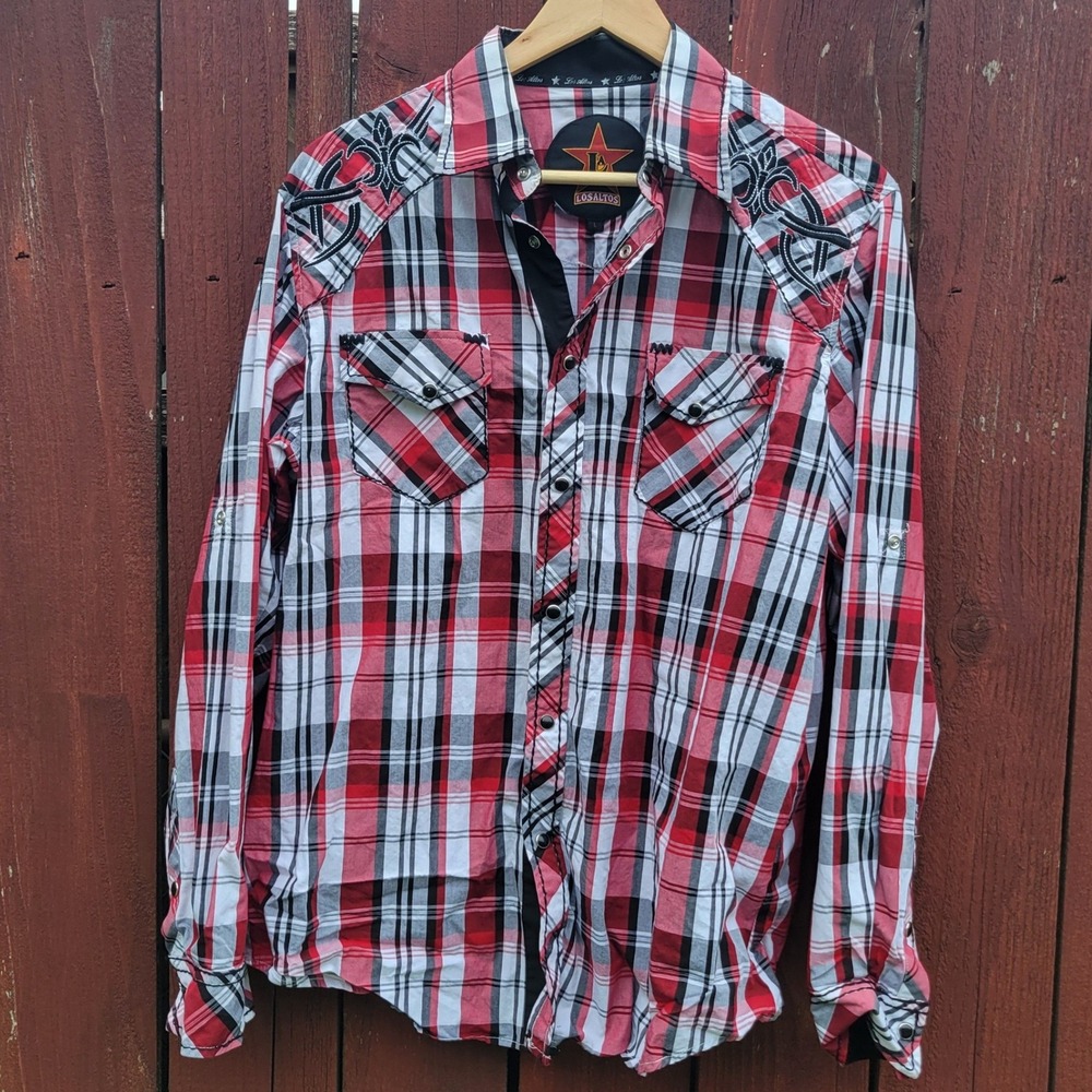 Los Altos Mens Red Plaid Western Snap Shirt Fleur De Lis Embroidery Large Cowboy
